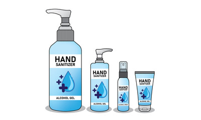 set of hand sanitizer and spray alcohol bottles packaging. vector flat design. with line.