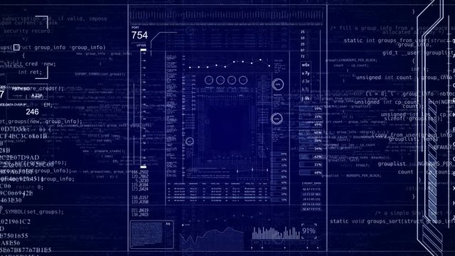 Looping Fly through cyberspace and HUD technological UI screens with Programming text code. SciFi screens with HUD elements and Digital Infographic.Follow through the seamless animated HUD screens.