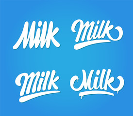Milk Logo And Labels Designs With Lettering Set. Vector Splashe