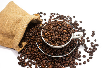 Coffee cup and beans on a white background. coffee cup and coffee beans.