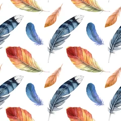 Behang Naadloze patroon van verschillende aquarel veren. Gekleurde veren van verschillende vogels op een witte achtergrond © Yevheniia Poli