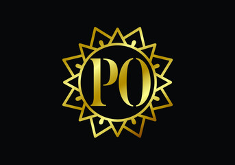 Golden PO Initial Letter Logo Design With Sun Symbol Elegant Ornament Isolated Against Black Backdrop