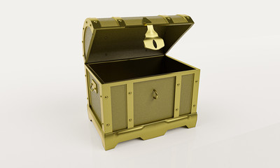 Empty golden vintage treasure chest. Isolated on white background and wallpaper. 3D Render.