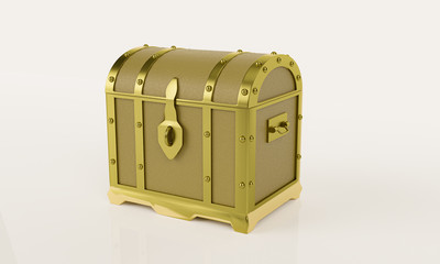 Empty golden vintage treasure chest. Isolated on white background and wallpaper. 3D Render.