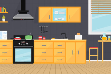 Kitchen room interior with electric appliances, sink, furniture and dishes. Modern cooking devices - stove, toaster, microwave. Modern home design. Flat vector illustration.