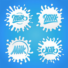 Vector milk logotypes and labels set. Label or badge for milk package. Milk splash. Vector illustration. . Farm stamp
