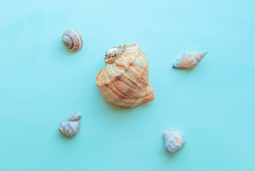 Summer vacation beach rest and medical protective mask, gloves, antiseptic on mint blue background. Coronavirus covid-19 travel. Flat lay. Copy space. pandemic quarantine self isolation, 2019-nCoV