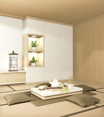 TV cabinet and armchair Japanese style on room Ryokan minimal design. 3D rendering