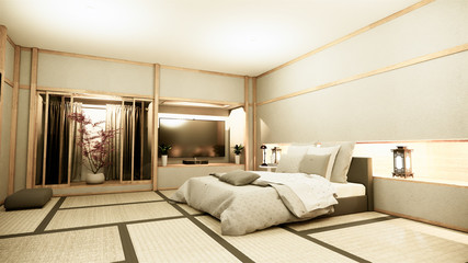 Modern zen peaceful Bedroom. japan style bedroom with shelf wall design hidden light and decoration nihon style.3D rendering