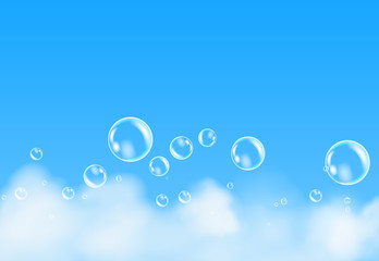 Bath foam isolated on blue background. Shampoo bubbles texture. soap dissolved in water. The effect of washing.