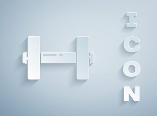 Paper cut Dumbbell icon isolated on grey background. Muscle lifting icon, fitness barbell, gym, sports equipment, exercise bumbbell. Paper art style. Vector Illustration