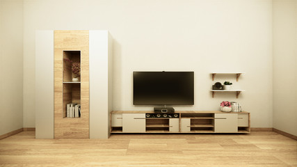 Tv cabinet in tropical mint room Japanese - zen style,minimal designs. 3D rendering