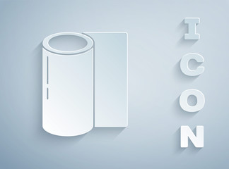 Paper cut Fitness mat roll icon isolated on grey background. Yoga mat rolled. Sport equipment. Paper art style. Vector Illustration