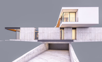 3d rendering of modern cozy house on the hill with garage and pool for sale or rent in evening with cozy light from window. Isolated on gray