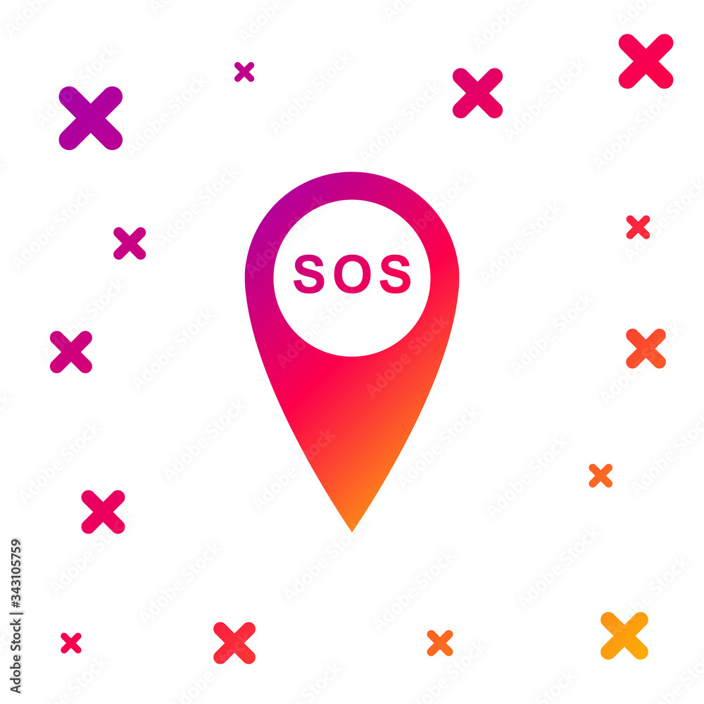 Poster color marker location with sos icon isolated on white background. sos call location marker. map poin