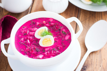 Traditional cold summer beetroot soup with vegetables in a white bowl, selective focus