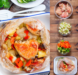 Collage of step by step cooking in a culinary sleeve of chicken thighs with Brussels sprouts, potatoes, carrots, onions, selective focus