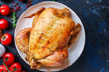 whole baked chicken, fried meat
Menu concept. food background. top view copy space for text keto or paleo diet