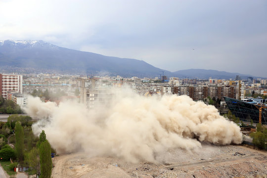 Controlled explosion with blasts of a unfinished and abandoned empty high building, printing press house IPK Rodina, in Sofia, Bulgaria on 04/26/2020.