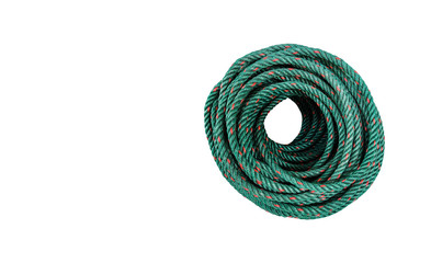 Rolled utility rope isolated on white background without shadow. Top view of a new rope in close-up with copy space