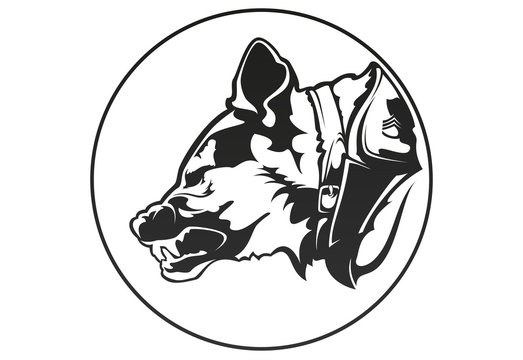recommend clip art: Dog in military style, one color. Vector illustration.