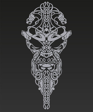 Vector illustration of face made with viking style patterns.