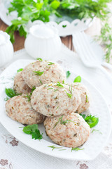 Dietary turkey cutlets steamed with fresh herbs, selective focus