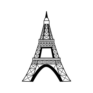 Black line cartoon Eiffel Tower on white background. Vector illustration for decoration and any design.