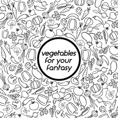 gezeichnetes Gemüse in nur Outlines, als Muster angeordnet, auf transparentem Hintergrund mit Platz für Text, Vektoren