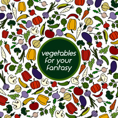 gezeichnetes Gemüse in fröhlichen Farben, als Muster angeordnet, auf transparentem Hintergrund mit Platz für Text, Vektoren