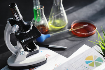Laboratory research. Drug testing. Chemical experiments in the laboratory. Microscope various test tubes and beakers on the table at the medical officer.