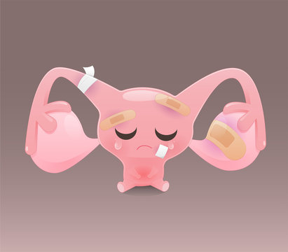 Uterus cartoon crying because of injury and stomach ache, Cervix pain