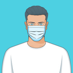 Portrait of young man with medical mask. Realistic vector illustration
