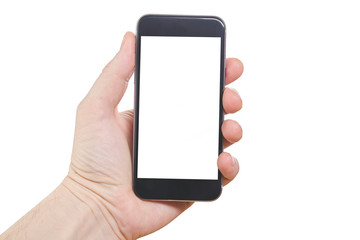 Human hand holding blank large mobile smart phone isolated on white background.
