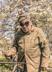 Elderly man in old-fashioned work glasses in a spring garden