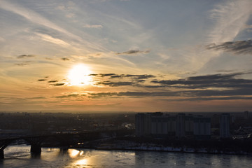 sunset over the bridge over the Oka river. Nizhny Novgorod. Russia