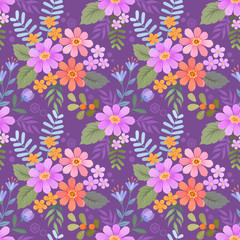Fototapeta na wymiar Colorful hand drawn flowers on purple color background seamless pattern vector design. can use for fabric textile wallpaper.