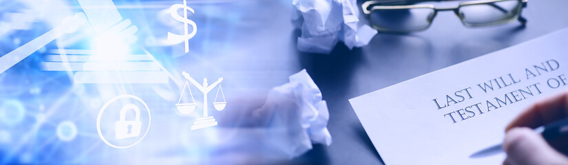 Legal concept. The procedure for writing the last will. Papers with testament on the table....