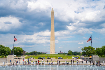 Washington monument on sunny day with blue sky background.