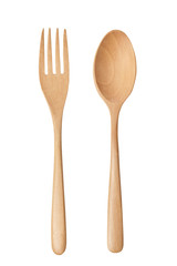 Wooden fork and spoon, isolated on white background. Close up.