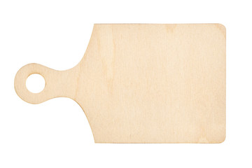 Wooden cutting board with handle isolated on white background. Close up.