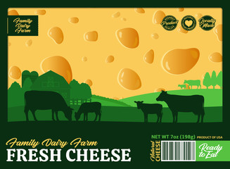 Vector fresh cheese packaging or label design with rural landscape, cows and calves. Realistic cheese illustration. Dairy farm or farming design elements