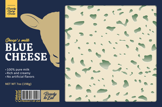 Vector Ship's Milk Blue Cheese Packaging Or Label Design. Realistic Cheese Texture