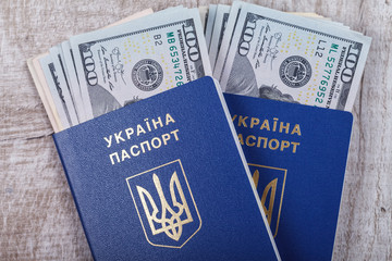 Fototapeta premium Ukraine biometric passport and cash US dollars, on a light wooden background.