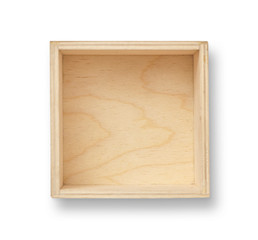 Empty wood box with isolated white background. Top view.