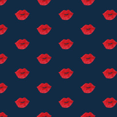Watercolor seamless pattern with red lips isolated on classic blue. Design for textile, fabric, cloth, kids, wrapping, scrapbooking, card