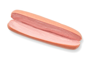 One cut sausage isolated on white background. Close up