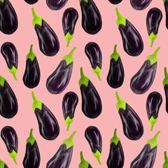 Seamles aubergine pattern Eggplant drawn in a realistic style on a pink isolated background. Vegetables for diet, vegetarian, healthy eating. Use as restaurant menu, packaging, product design, banners