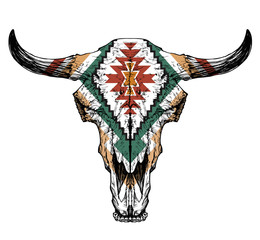 Bull / auroch skull with horns on white background. with traditional ornament on head © Diana