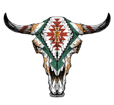 Bull / auroch skull with horns on white background. with traditional ornament on head